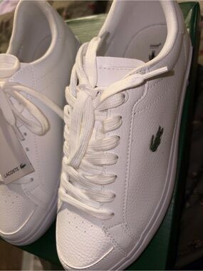 Lacoste White Leather Low-Top Sneakers with Green Crocodile Accent